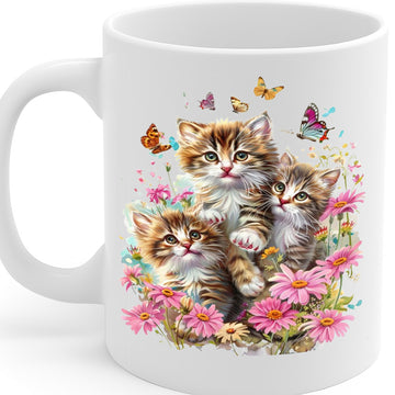 MG6601 – Adorable Three Kittens in Wildflower Garden 11oz Ceramic Mug with C-Handle, Dishwasher & Microwave Safe, Cute Cat Gift for Coffee & Tea Lovers