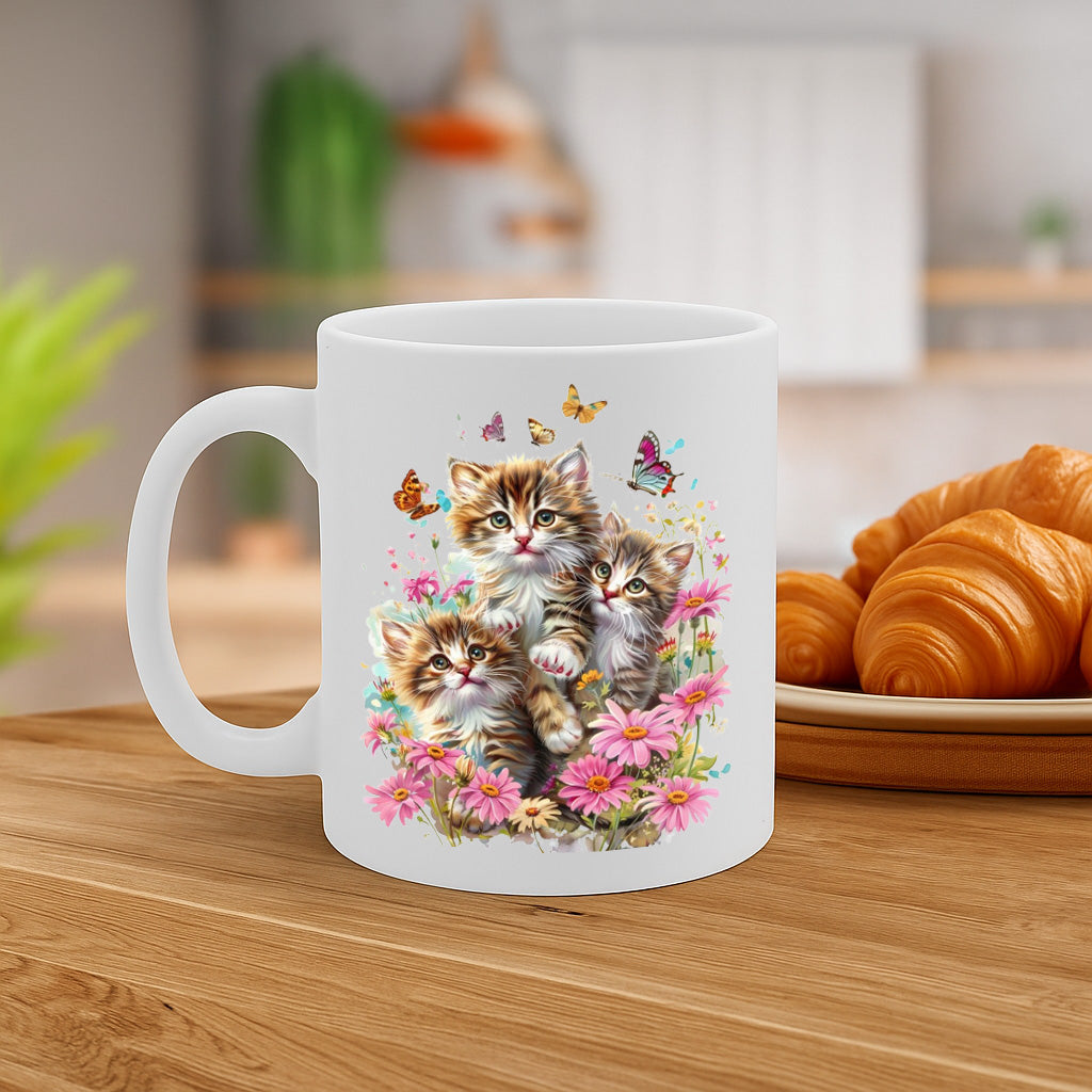 MG6601 – Adorable Three Kittens in Wildflower Garden 11oz Ceramic Mug with C-Handle, Dishwasher & Microwave Safe, Cute Cat Gift for Coffee & Tea Lovers