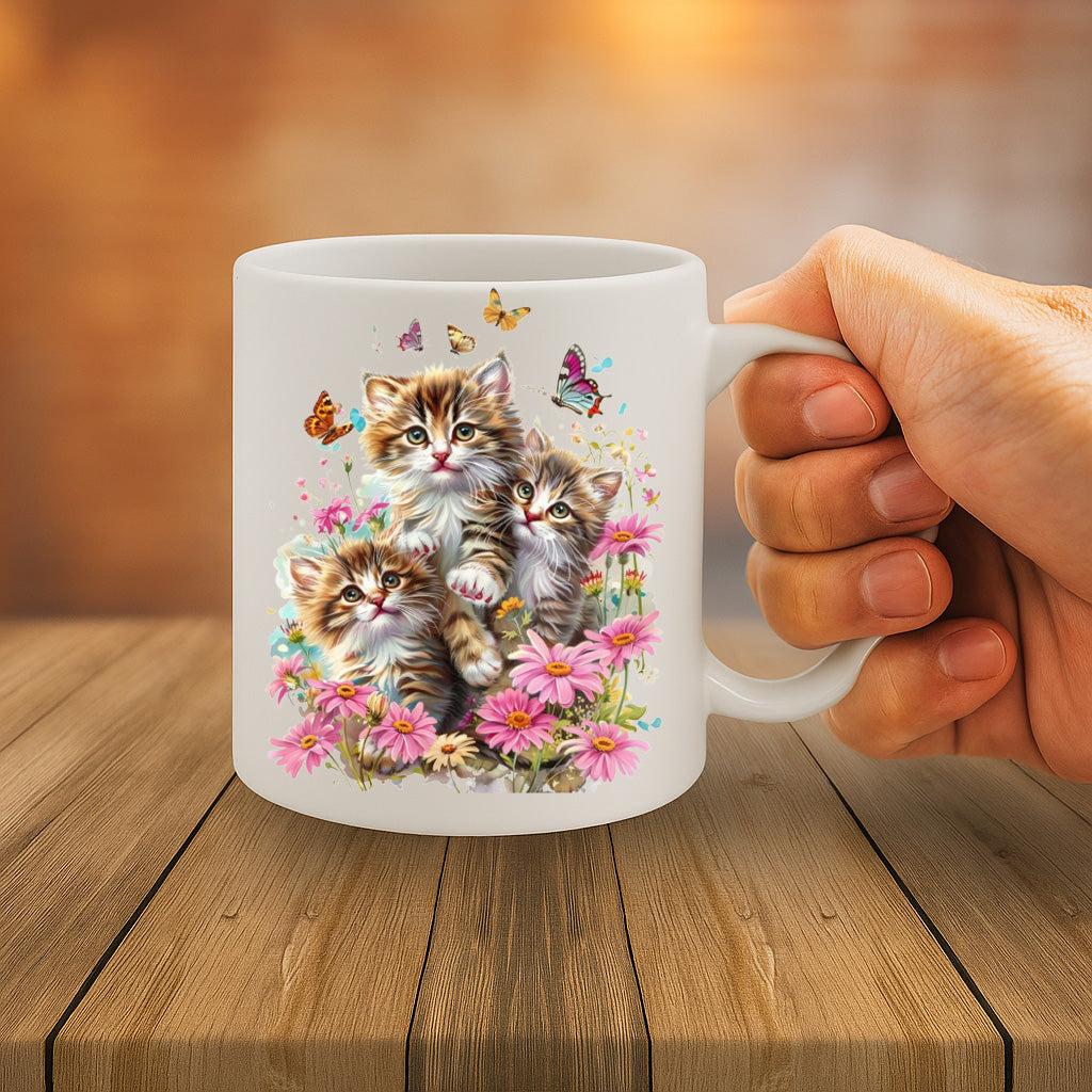 MG6601 – Adorable Three Kittens in Wildflower Garden 11oz Ceramic Mug with C-Handle, Dishwasher & Microwave Safe, Cute Cat Gift for Coffee & Tea Lovers
