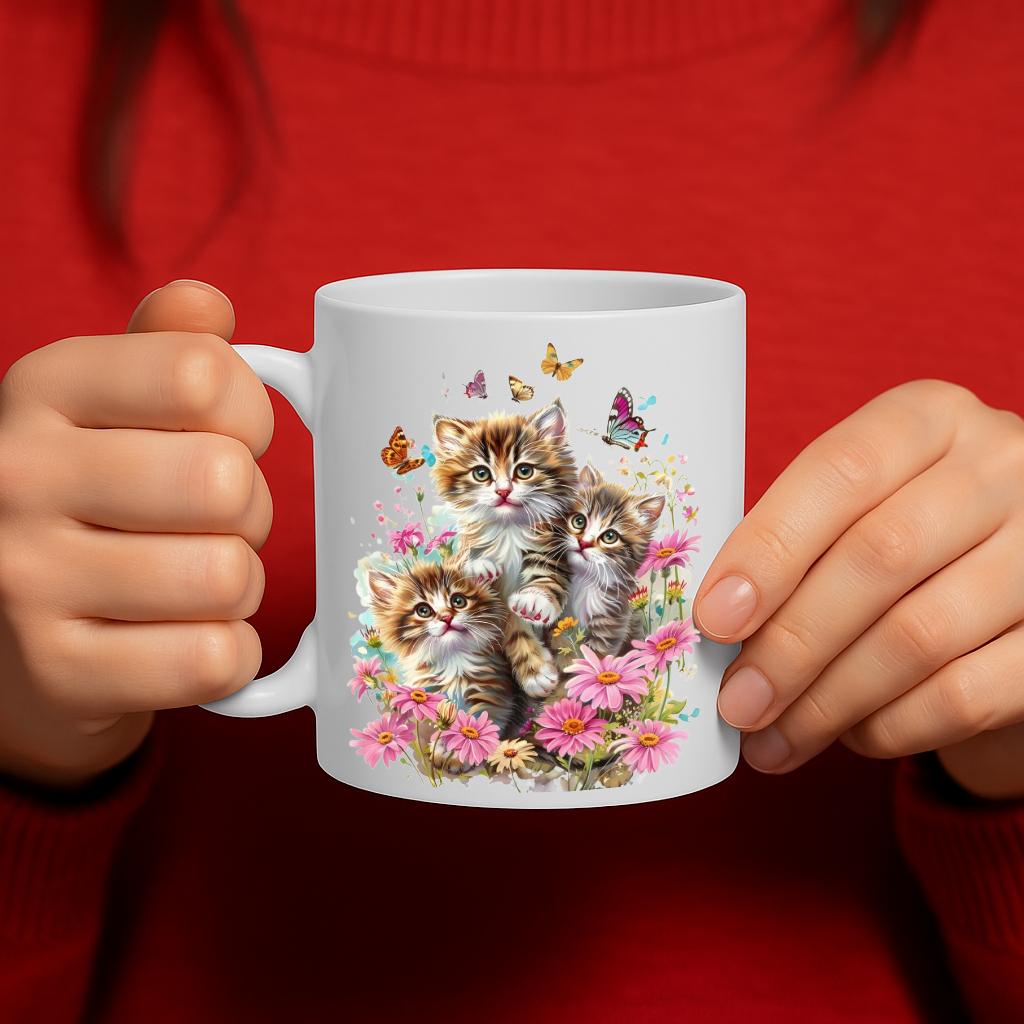 MG6601 – Adorable Three Kittens in Wildflower Garden 11oz Ceramic Mug with C-Handle, Dishwasher & Microwave Safe, Cute Cat Gift for Coffee & Tea Lovers
