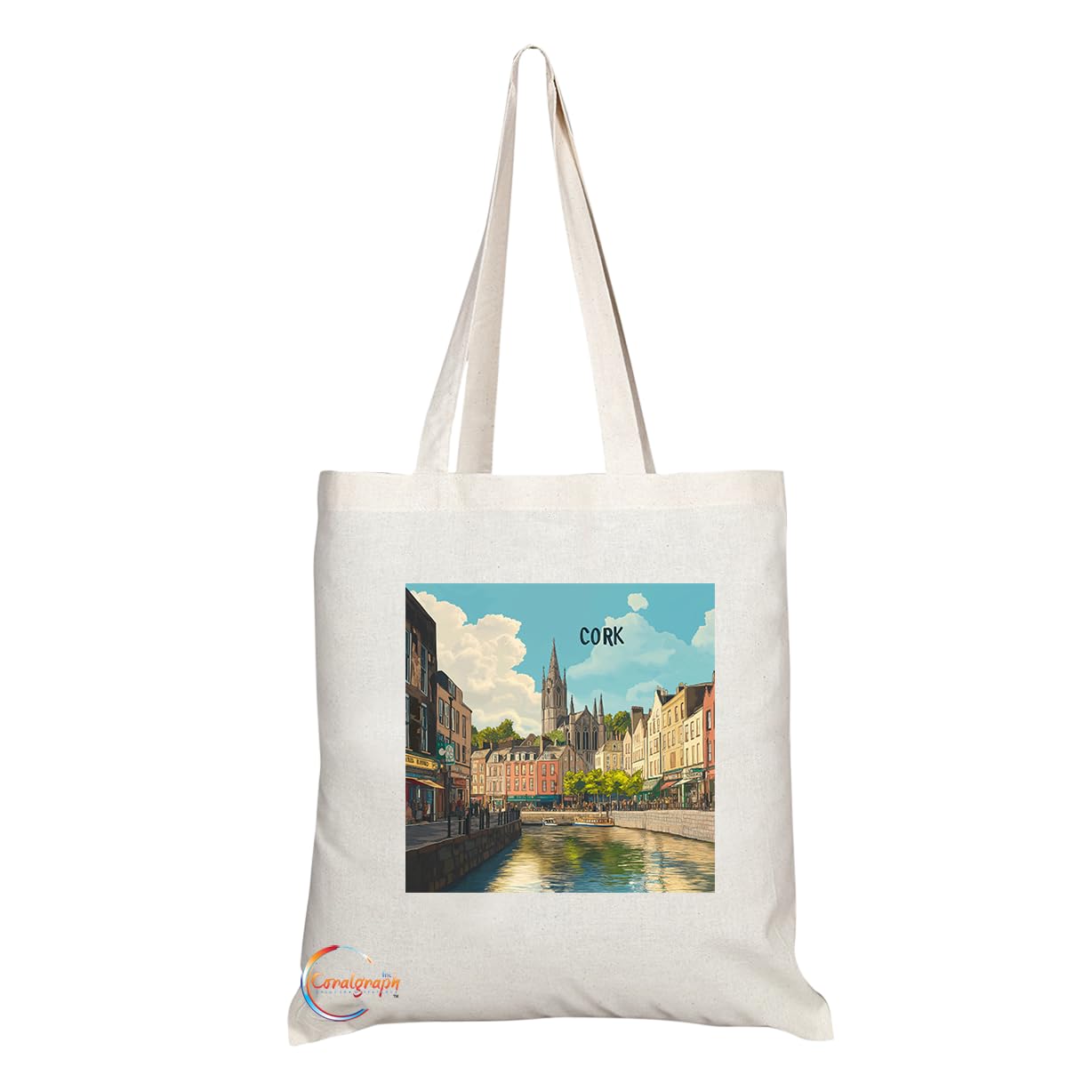 Natural Reusable Shopping Souvenir Tote Bag Featuring Cities and Landmarks in United Kingdom (Cork)
