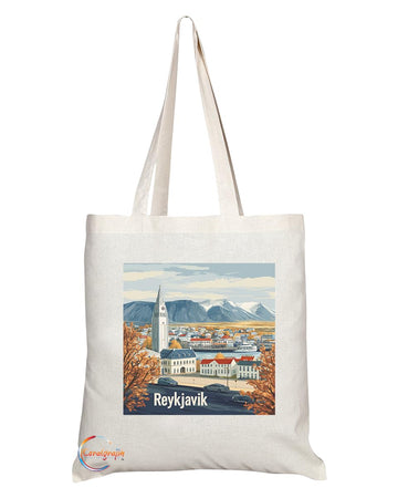 Natural Reusable Shopping Souvenir Tote Bag Featuring Popular Cities and Capitals from Europe and Around the World (Reykjavik)
