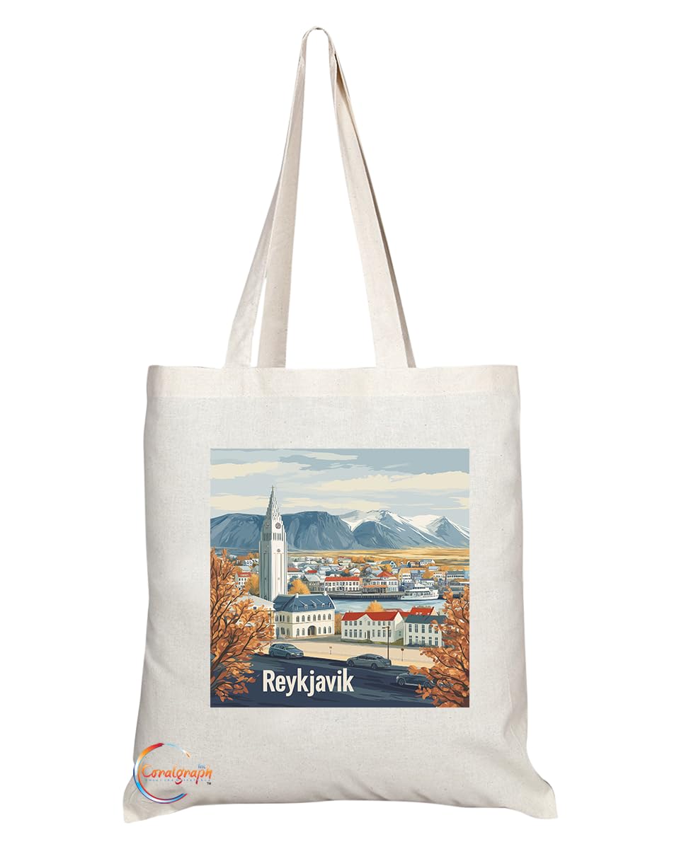 Natural Reusable Shopping Souvenir Tote Bag Featuring Popular Cities and Capitals from Europe and Around the World (Reykjavik)