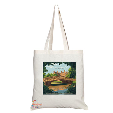 Natural Reusable Shopping Souvenir Tote Bag Featuring Cities and Landmarks in United Kingdom (Cambridge Mathematical Bridge)