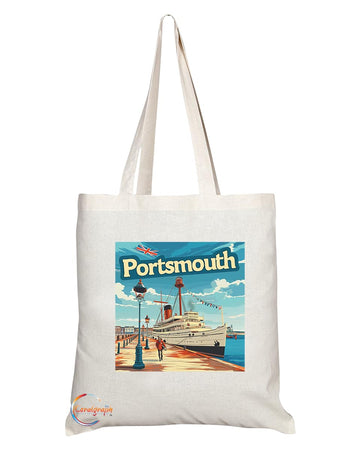 Natural Reusable Shopping Souvenir Tote Bag Featuring Cities and Landmarks in United Kingdom (Portsmouth2)