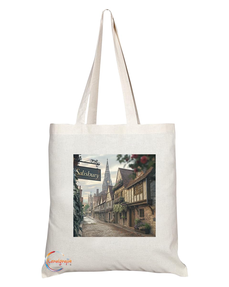 Natural Reusable Shopping Souvenir Tote Bag Featuring Cities and Landmarks in United Kingdom (Salisbury)