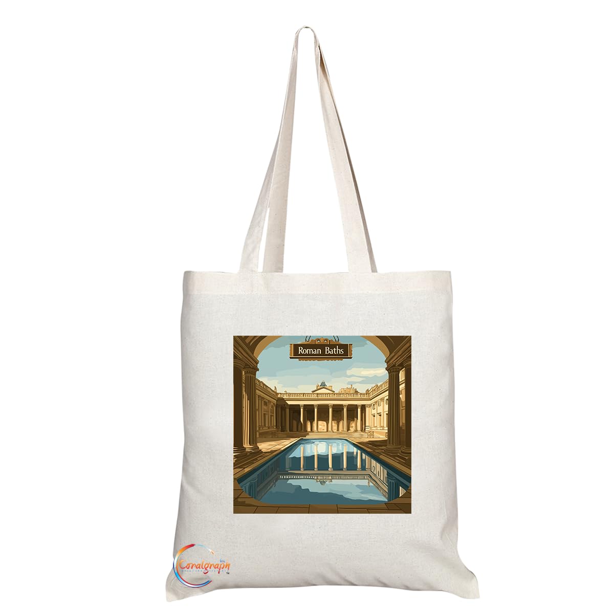Natural Reusable Shopping Souvenir Tote Bag Featuring Cities and Landmarks in United Kingdom (Bath Roman Baths)
