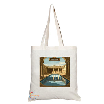 Natural Reusable Shopping Souvenir Tote Bag Featuring Cities and Landmarks in United Kingdom (Bath Roman Baths)