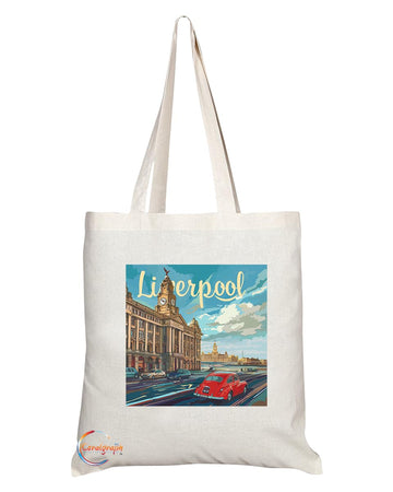 Natural Reusable Shopping Souvenir Tote Bag Featuring Cities and Landmarks in United Kingdom (Liverpool 2)
