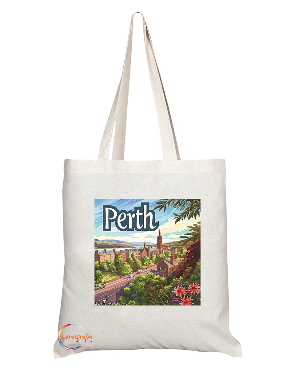 Natural Reusable Shopping Souvenir Tote Bag Featuring Cities and Landmarks in United Kingdom (Perth)