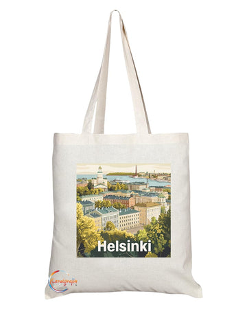 Natural Reusable Shopping Souvenir Tote Bag Featuring Popular Cities and Capitals from Europe and Around the World (Helsinki)