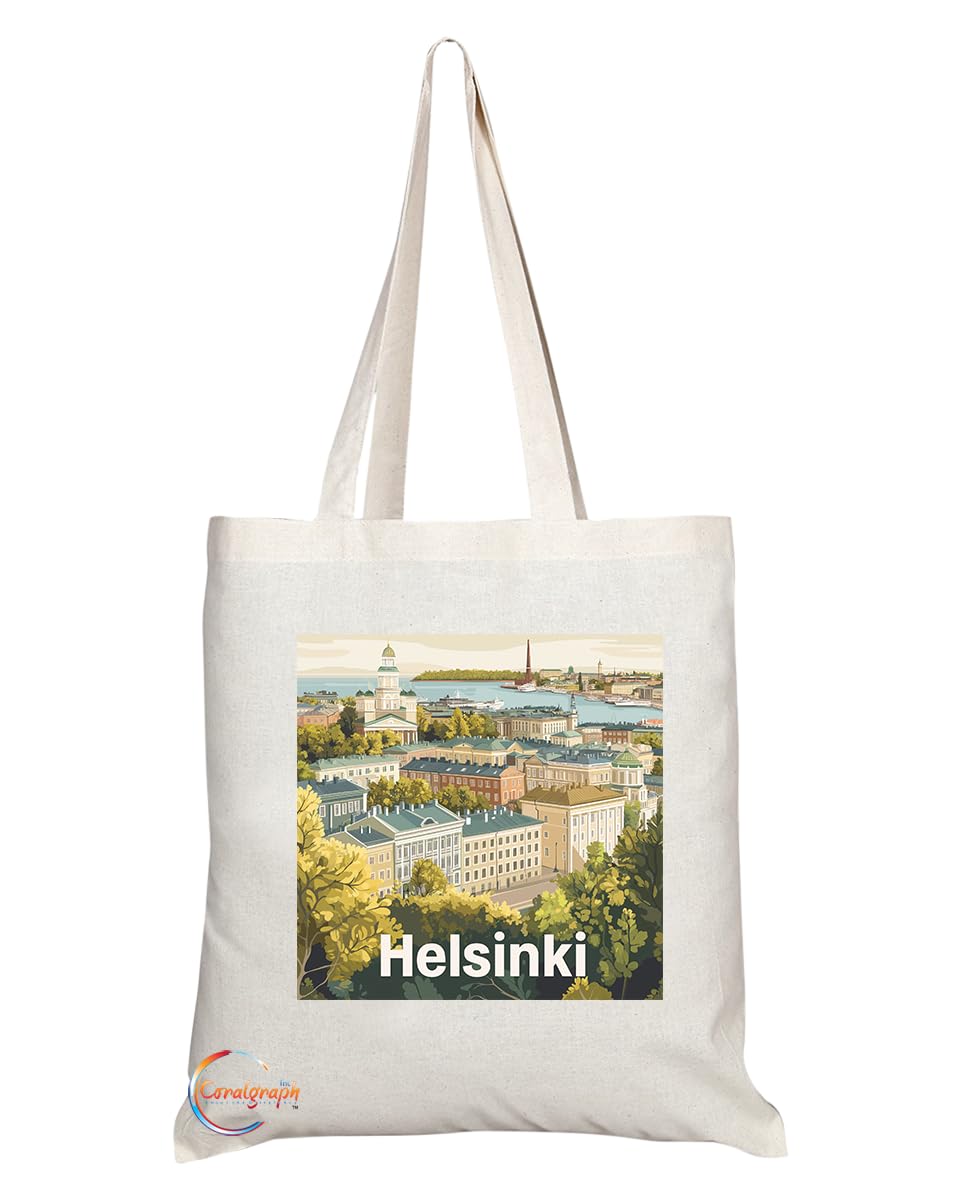 Natural Reusable Shopping Souvenir Tote Bag Featuring Popular Cities and Capitals from Europe and Around the World (Helsinki)