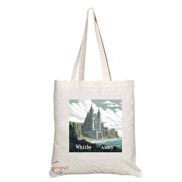 Natural Reusable Shopping Souvenir Tote Bag Featuring Cities and Landmarks in United Kingdom (Whitby Abbey)