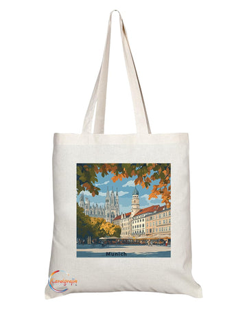 Natural Reusable Shopping Souvenir Tote Bag Featuring Popular Cities and Capitals from Europe and Around the World (Munich)