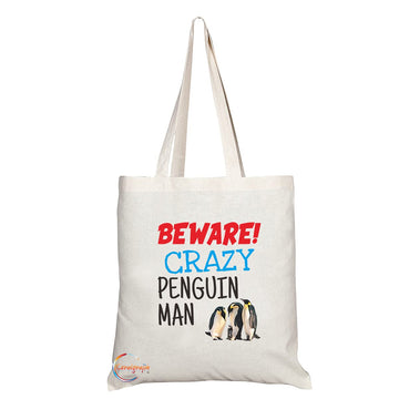 TB1240 Beware Crazy Penguin Man Novelty Present Gift Printed Eco-Friendly Stylish Long Handled Tote Shoulder Bag