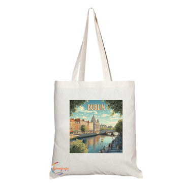 Natural Reusable Shopping Souvenir Tote Bag Featuring Cities and Landmarks in United Kingdom (Dublin)