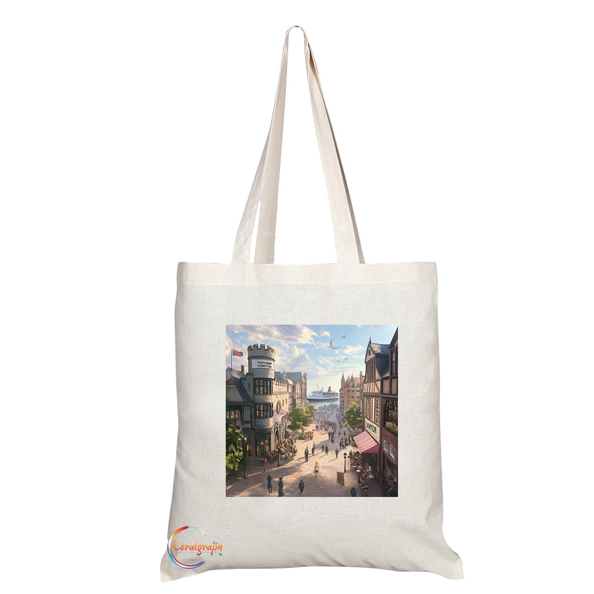 Natural Reusable Shopping Souvenir Tote Bag Featuring Cities and Landmarks in United Kingdom (Southampton2)