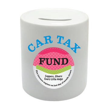 BS070 CAR TAX FUND Coppers Silvers Every Little Helps Novelty Gift Printed Ceramic Piggy Bank Money Saving Box
