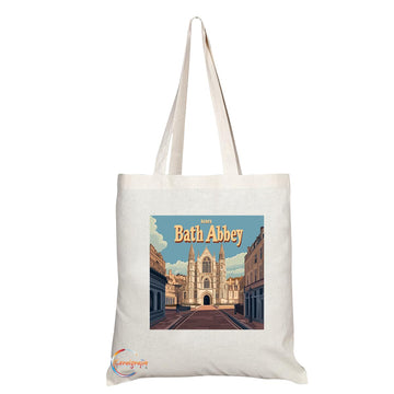 Natural Reusable Shopping Souvenir Tote Bag Featuring Cities and Landmarks in United Kingdom (Bath Abbey)