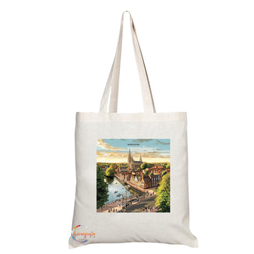 Natural Reusable Shopping Souvenir Tote Bag Featuring Cities and Landmarks in United Kingdom (Worcester)