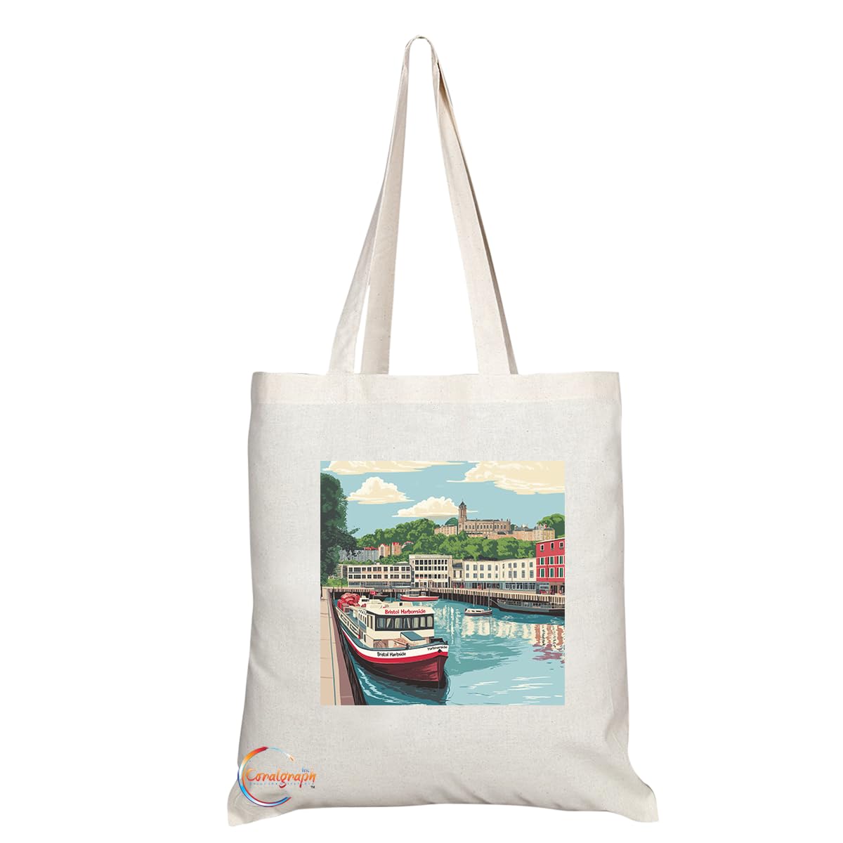 Natural Reusable Shopping Souvenir Tote Bag Featuring Cities and Landmarks in United Kingdom (Bristol Harbourside)