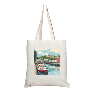 Natural Reusable Shopping Souvenir Tote Bag Featuring Cities and Landmarks in United Kingdom (Bristol Harbourside)