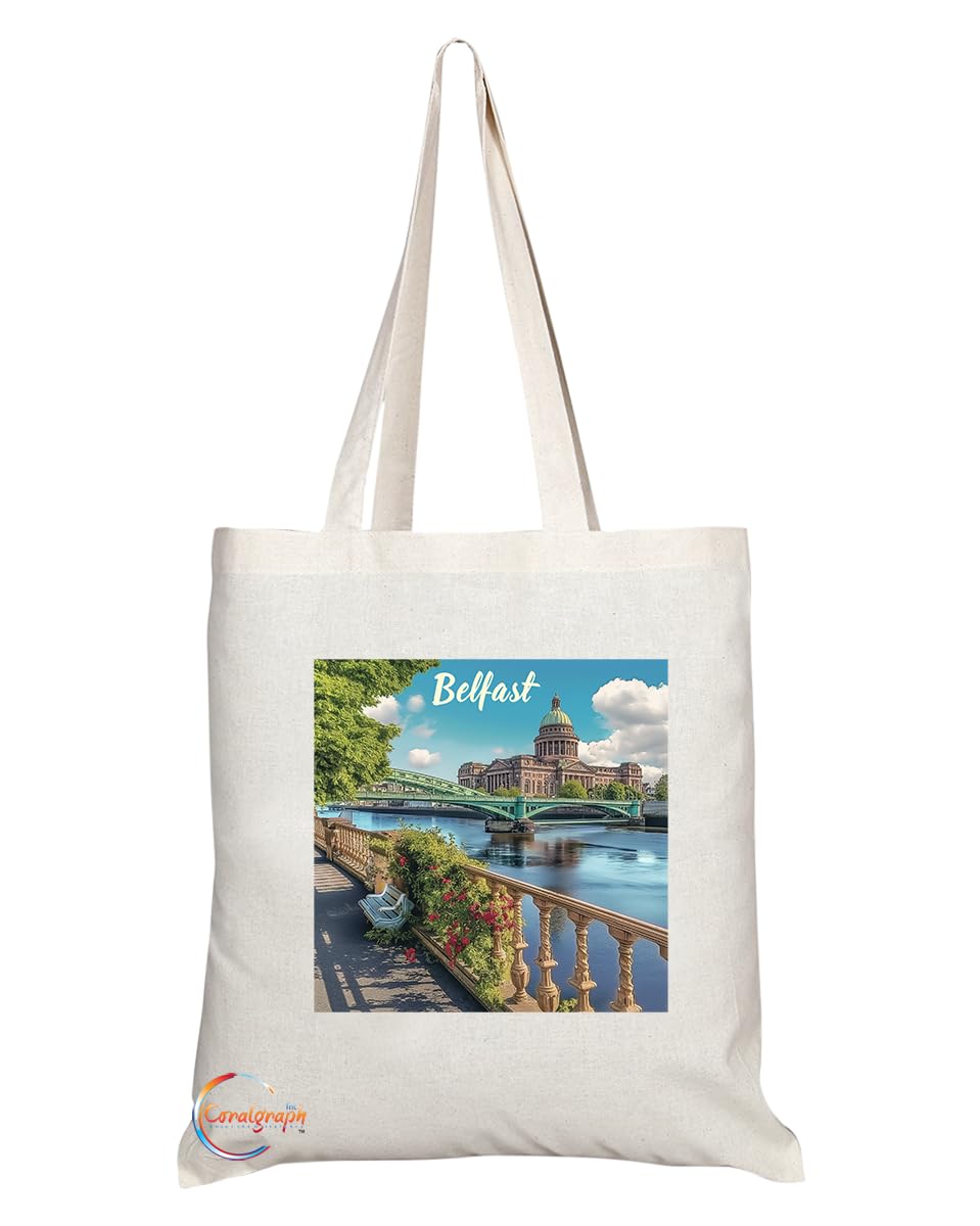 Natural Reusable Shopping Souvenir Tote Bag Featuring Cities and Landmarks in United Kingdom (Belfast Castle)
