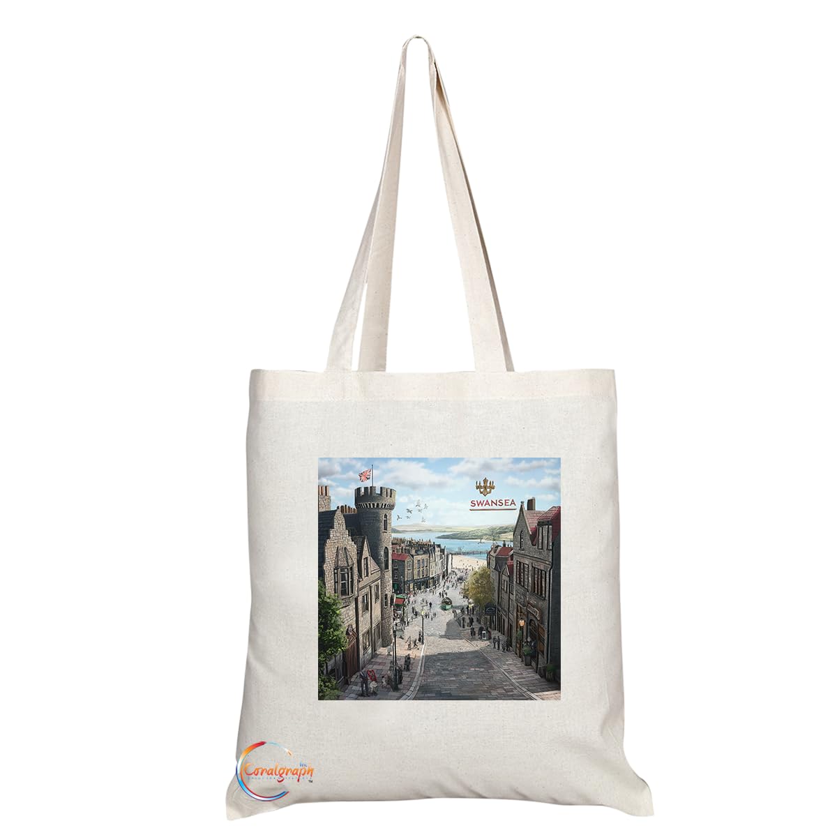 Natural Reusable Shopping Souvenir Tote Bag Featuring Cities and Landmarks in United Kingdom (Swansea)