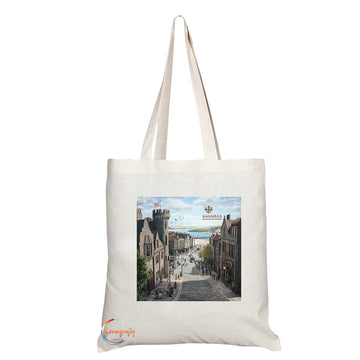 Natural Reusable Shopping Souvenir Tote Bag Featuring Cities and Landmarks in United Kingdom (Swansea)