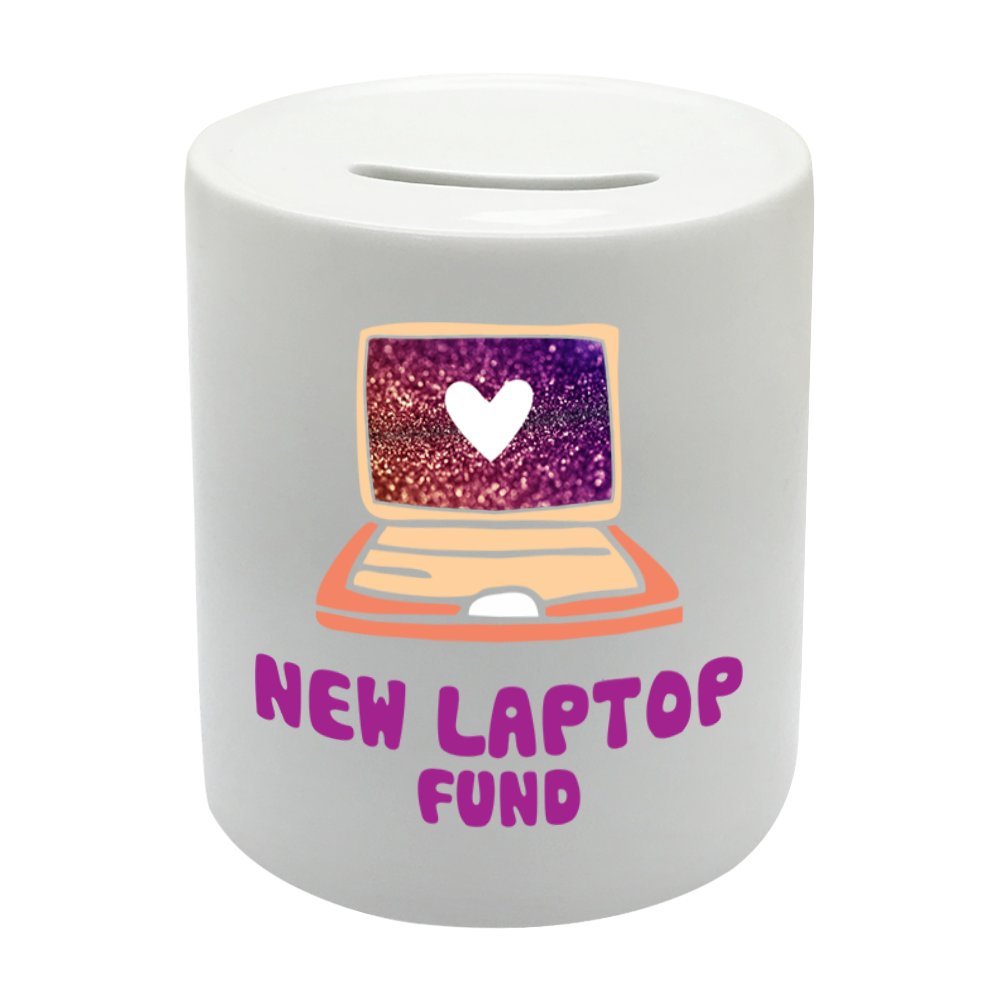 BS042 NEW LAPTOP FUND Novelty Gift Printed Ceramic Piggy Bank Money Saving Box