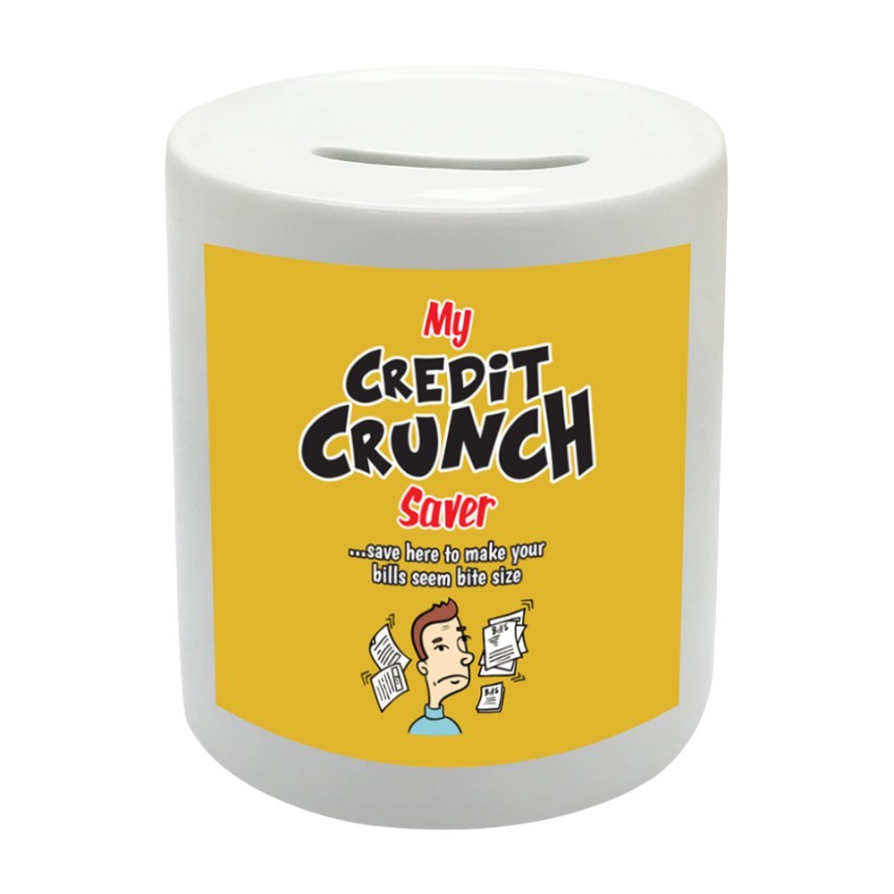 BS061 My CREDIT CRUNCH Saver Novelty Gift Printed Ceramic Piggy Bank Money Saving Box