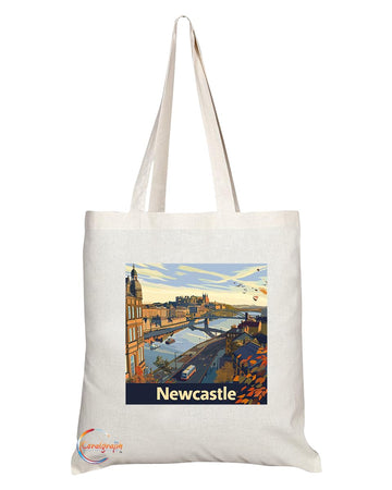 Natural Reusable Shopping Souvenir Tote Bag Featuring Cities and Landmarks in United Kingdom (Newcastle)