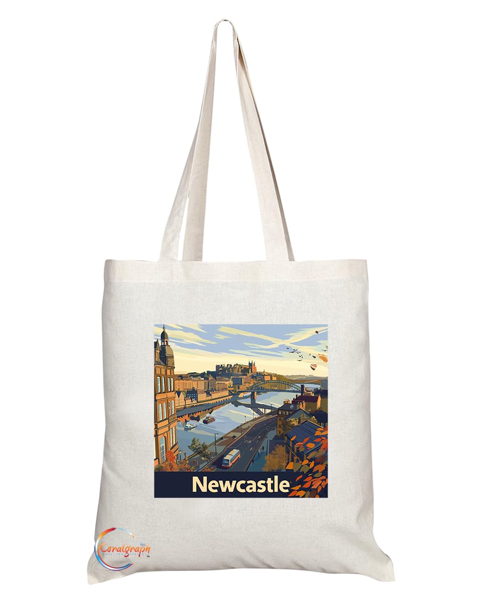 Natural Reusable Shopping Souvenir Tote Bag Featuring Cities and Landmarks in United Kingdom (Newcastle)