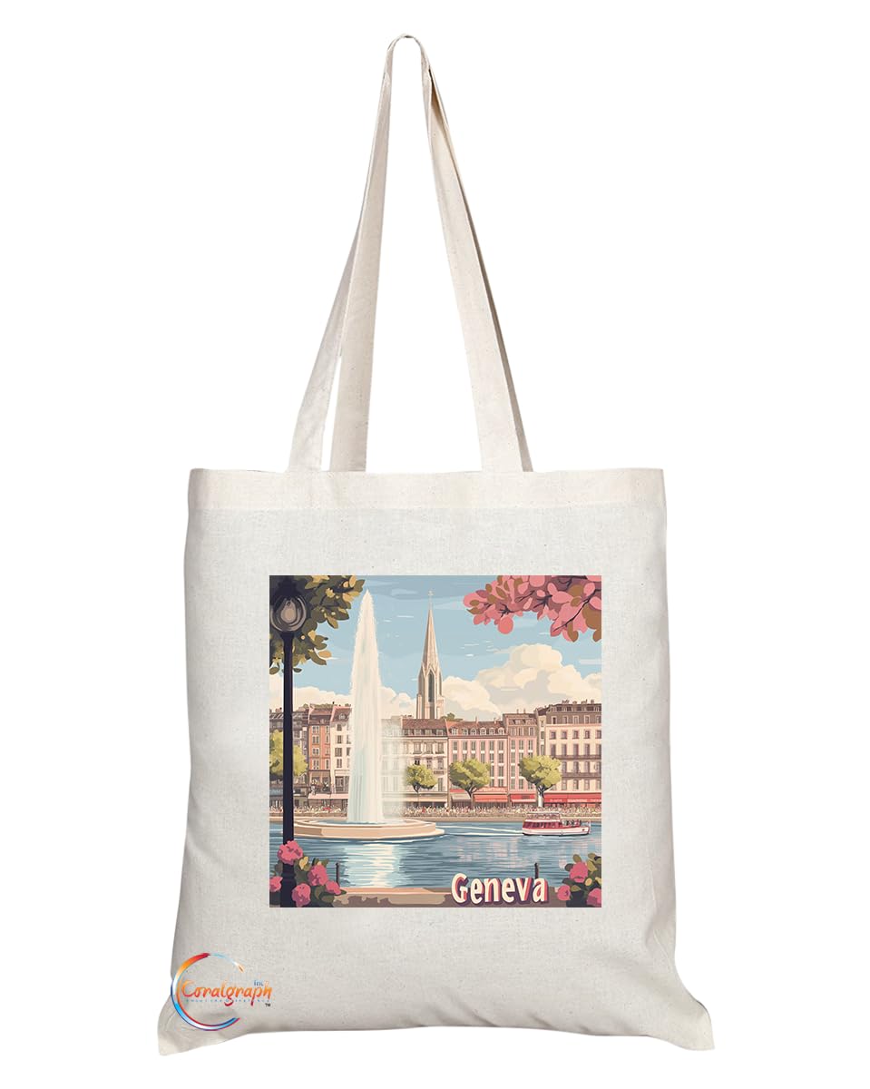 Natural Reusable Shopping Souvenir Tote Bag Featuring Popular Cities and Capitals from Europe and Around the World (Geneva)