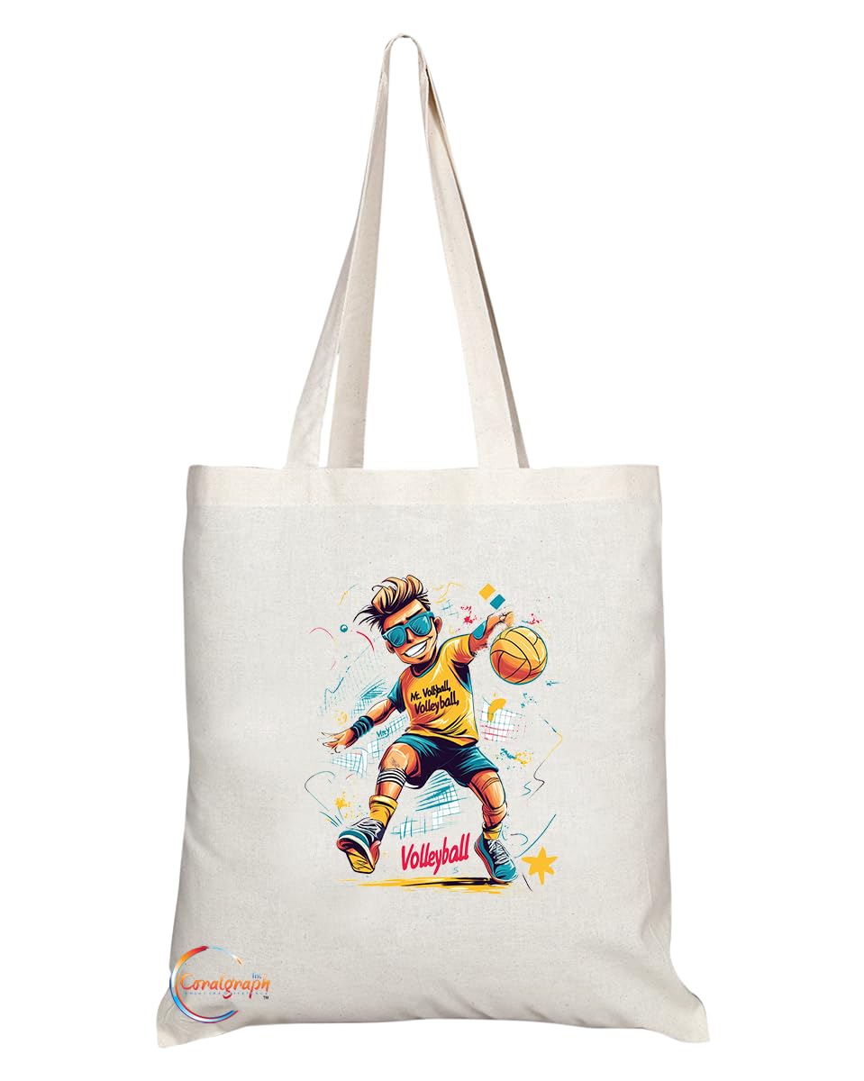 Natural Reusable Shopping Souvenir Tote Bag Featuring Popular Sports Designs from Around the World (Volleyball)