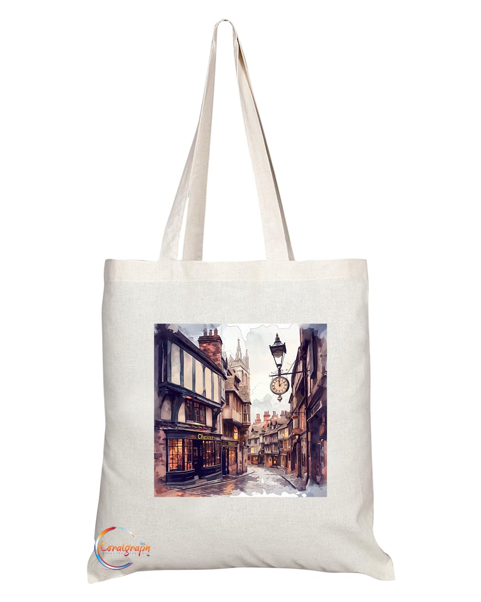 Natural Reusable Shopping Souvenir Tote Bag Featuring Cities and Landmarks in United Kingdom (Chester)