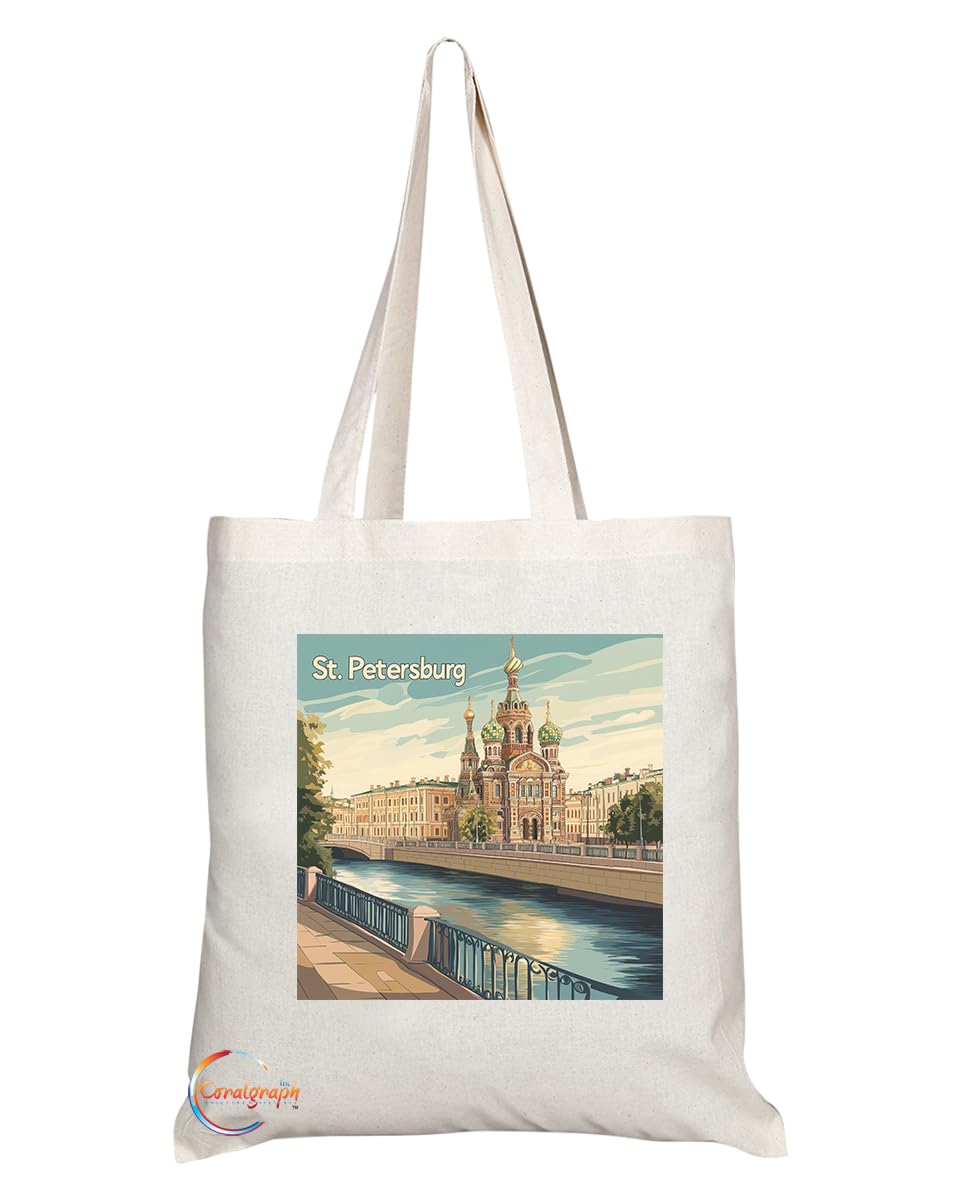 Natural Reusable Shopping Souvenir Tote Bag Featuring Popular Cities and Capitals from Europe and Around the World (St Petersburg)