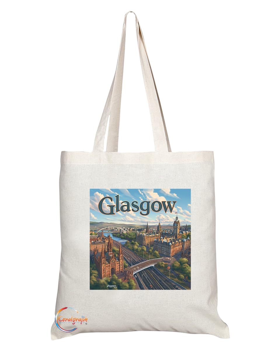 Natural Reusable Shopping Souvenir Tote Bag Featuring Cities and Landmarks in United Kingdom (Glasgow Cathedral)