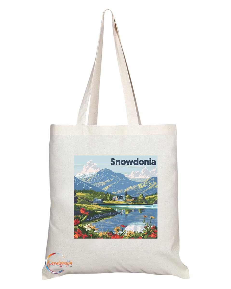 Natural Reusable Shopping Souvenir Tote Bag Featuring Cities and Landmarks in United Kingdom (Snowdonia)