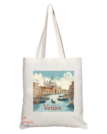 Natural Reusable Shopping Souvenir Tote Bag Featuring Popular Cities and Capitals from Europe and Around the World (Venice)