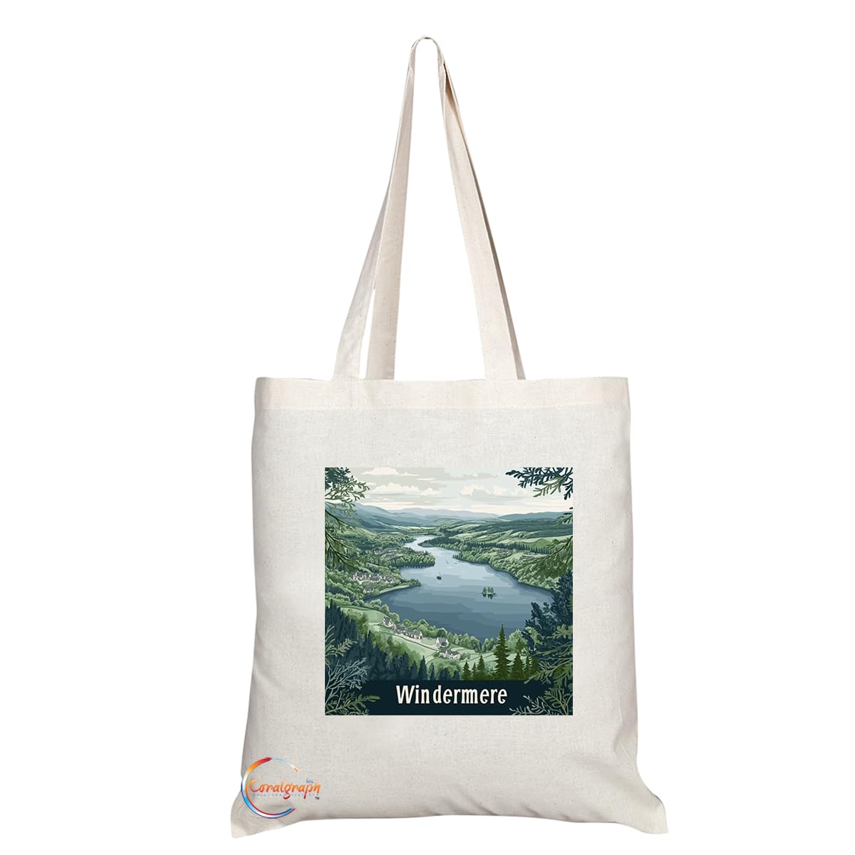 Natural Reusable Shopping Souvenir Tote Bag Featuring Cities and Landmarks in United Kingdom (Windermere)