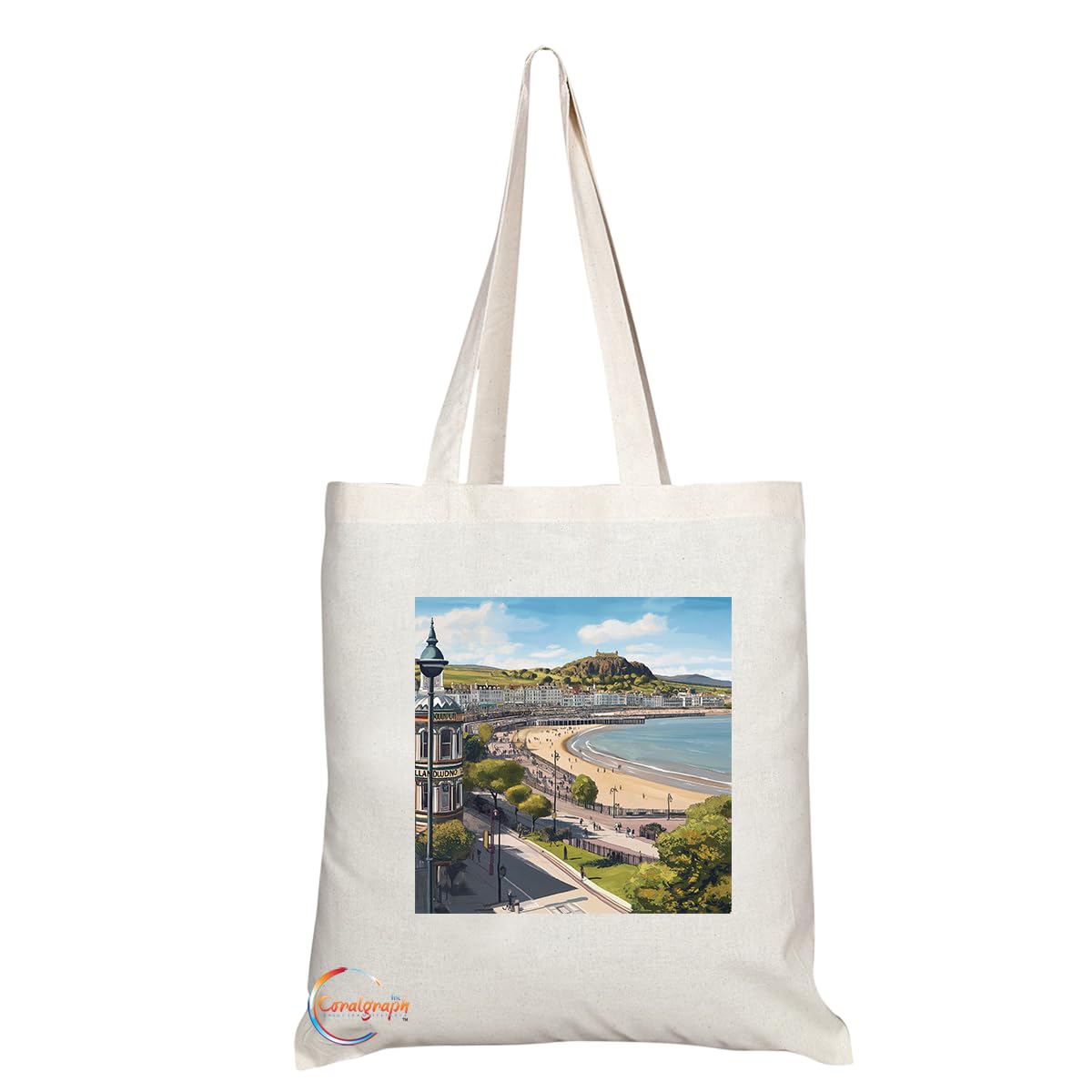 Natural Reusable Shopping Souvenir Tote Bag Featuring Cities and Landmarks in United Kingdom (Llandudno)