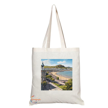 Natural Reusable Shopping Souvenir Tote Bag Featuring Cities and Landmarks in United Kingdom (Llandudno)