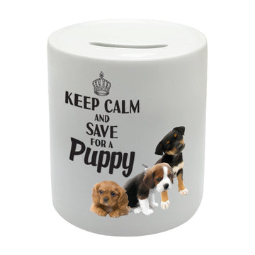 BS019 KEEP CALM AND SAVE FOR A PUPPY Novelty Gift Printed Ceramic Piggy Bank Money Saving Box