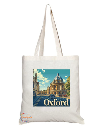 Natural Reusable Shopping Souvenir Tote Bag Featuring Cities and Landmarks in United Kingdom (Oxford 2)