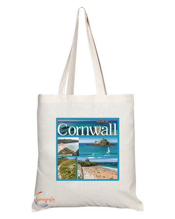 Natural Reusable Shopping Souvenir Tote Bag Featuring Cities and Landmarks in United Kingdom (Cornwall)