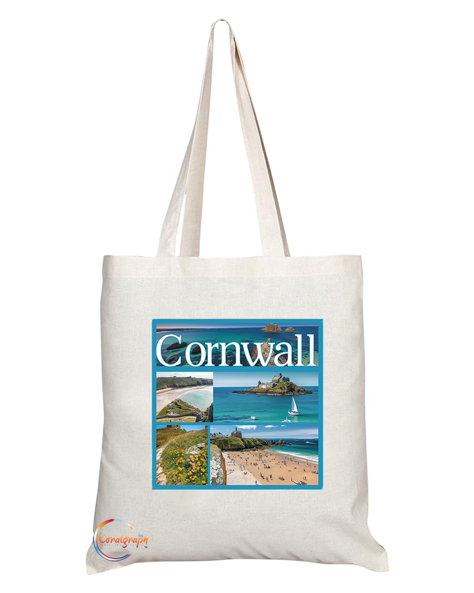 Natural Reusable Shopping Souvenir Tote Bag Featuring Cities and Landmarks in United Kingdom (Cornwall)