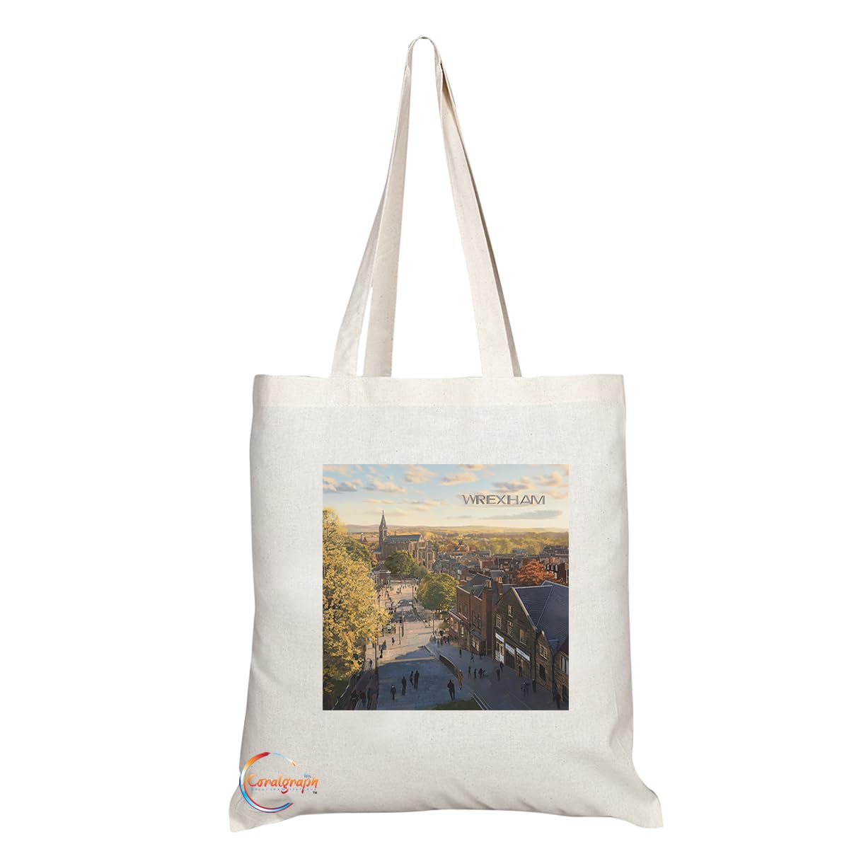 Natural Reusable Shopping Souvenir Tote Bag Featuring Cities and Landmarks in United Kingdom (Wrexham)