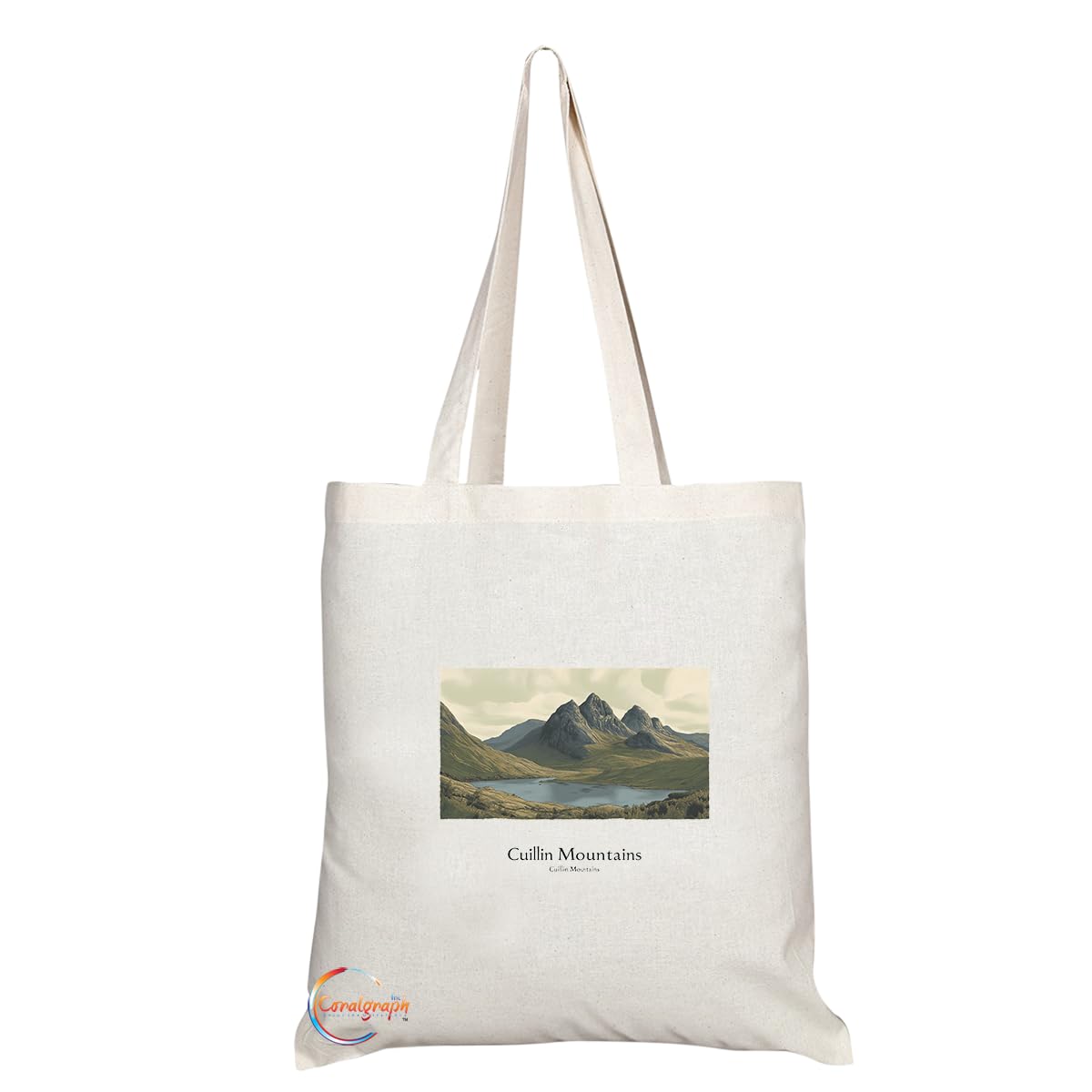 Natural Reusable Shopping Souvenir Tote Bag Featuring Cities and Landmarks in United Kingdom (Cuillin Mountains)