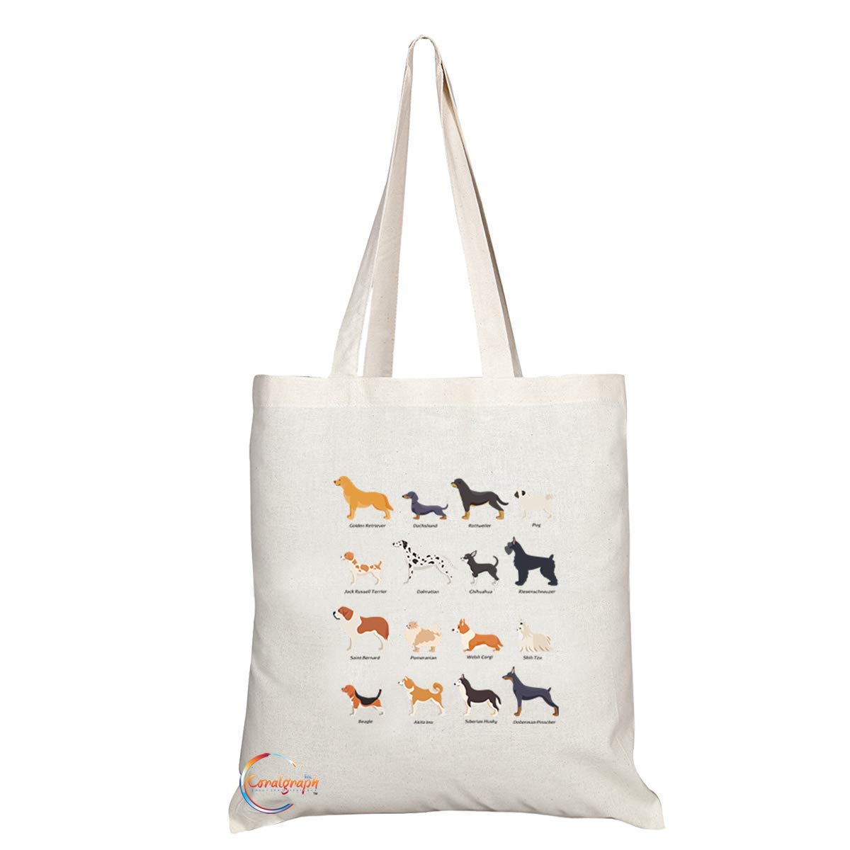 TB687 Dog Breeds Novelty Present Gift Printed Eco-Friendly Stylish Long Handled Tote Shoulder Bag
